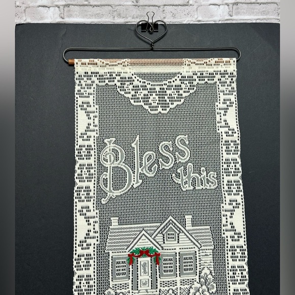 Lace Wall Hanging Bless This Home 29 in X 13 in Ecru Embroidered Garland Vintage - Picture 3 of 7